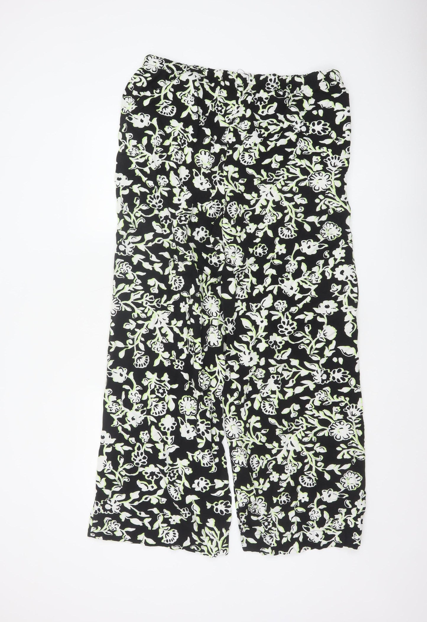 Marks and Spencer Women’s Black Floral Viscose Wide-Leg Trousers Size 16 Long