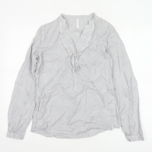 Marks & Spencer Women Grey Striped Ruffle Cotton Tunic Blouse UK 8
