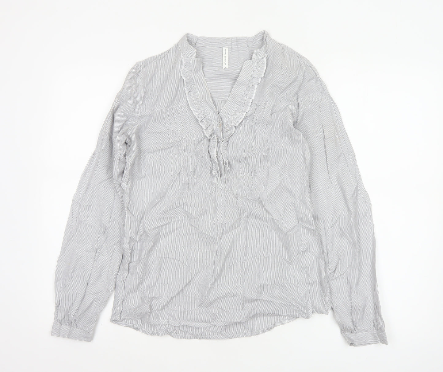 Marks & Spencer Women Grey Striped Ruffle Cotton Tunic Blouse UK 8