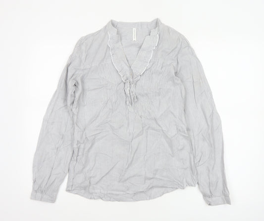 Marks & Spencer Women Grey Striped Ruffle Cotton Tunic Blouse UK 8