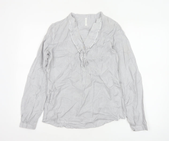Marks & Spencer Women Grey Striped Ruffle Cotton Tunic Blouse UK 8