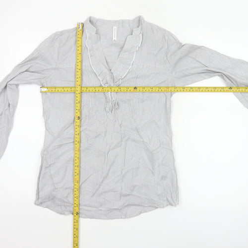 Marks & Spencer Women Grey Striped Ruffle Cotton Tunic Blouse UK 8