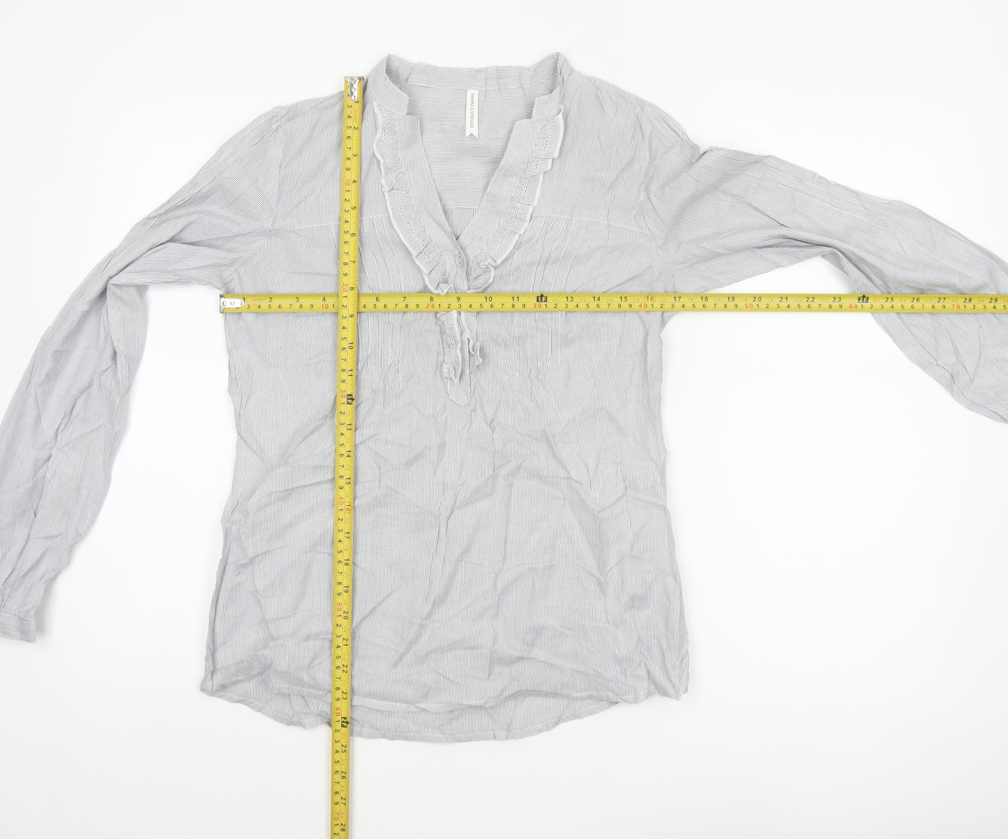 Marks & Spencer Women Grey Striped Ruffle Cotton Tunic Blouse UK 8