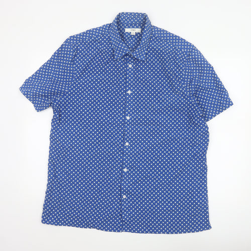 Marks and Spencer Men's Blue Geometric Short Sleeve Button-Up Shirt XL