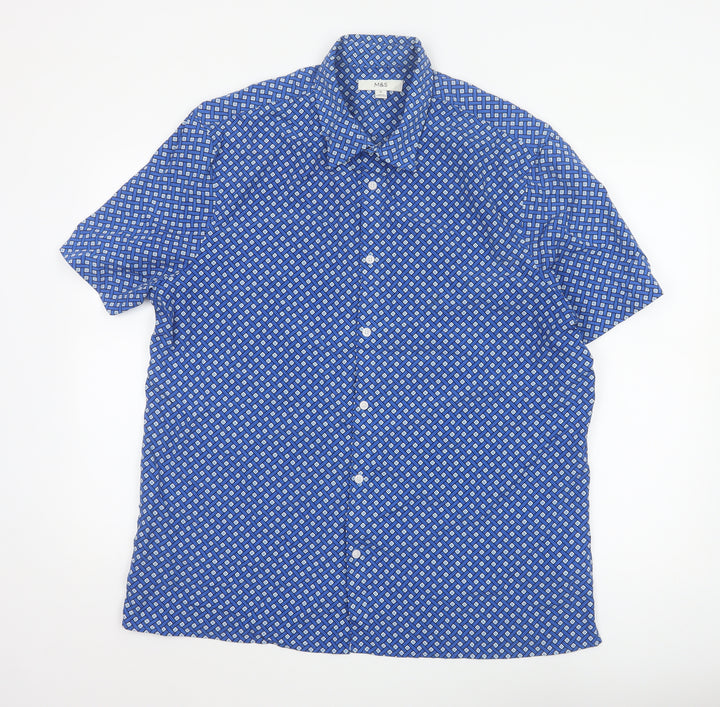Marks and Spencer Men's Blue Geometric Short Sleeve Button-Up Shirt XL