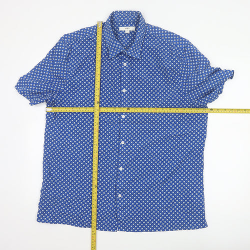 Marks and Spencer Men's Blue Geometric Short Sleeve Button-Up Shirt XL