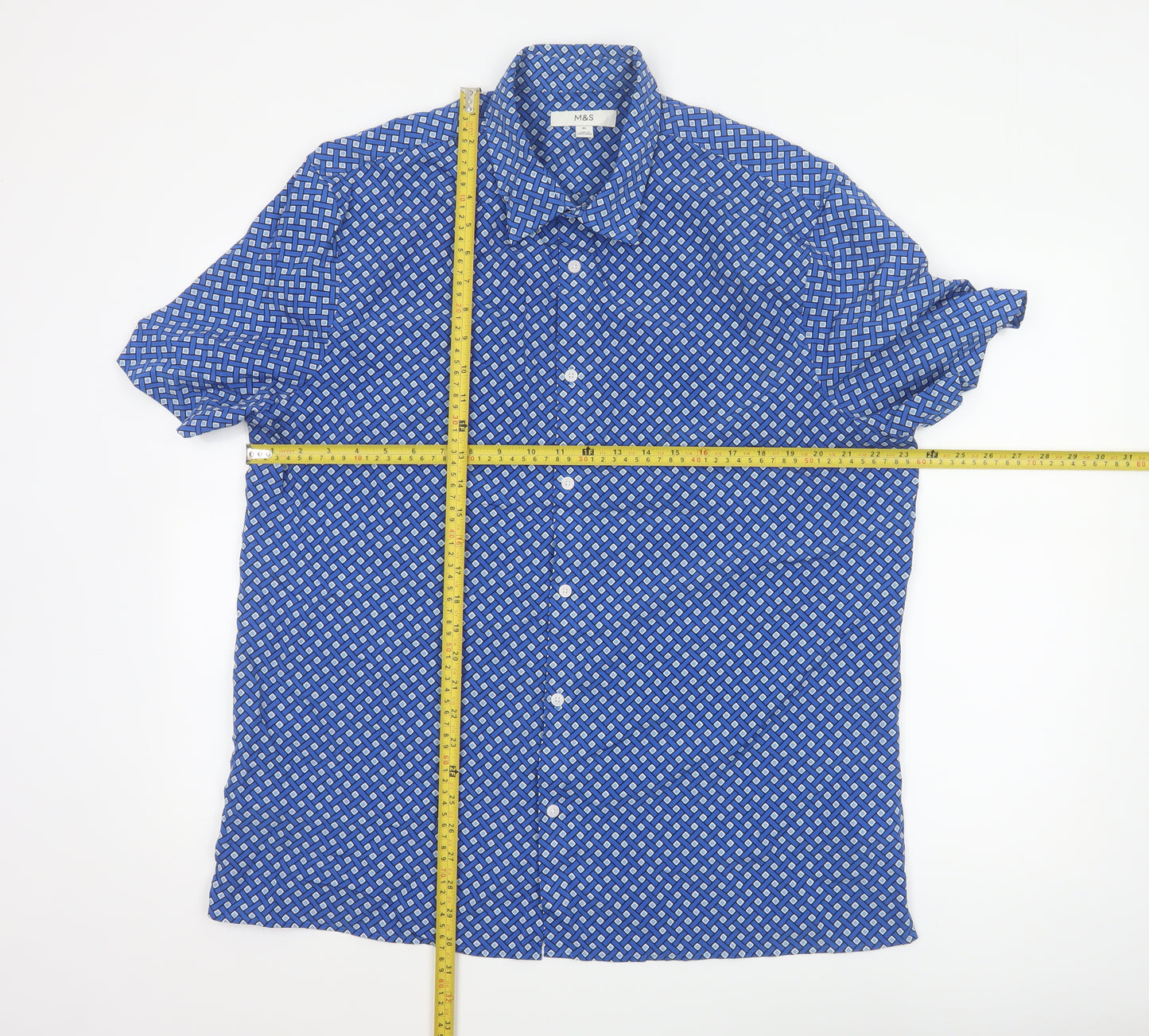 Marks and Spencer Men's Blue Geometric Short Sleeve Button-Up Shirt XL