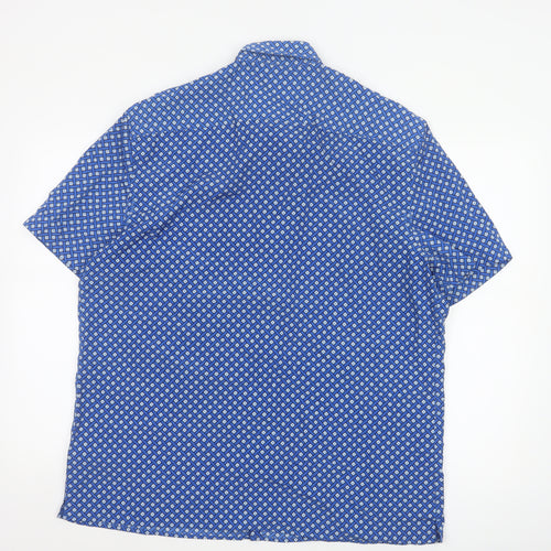 Marks and Spencer Men's Blue Geometric Short Sleeve Button-Up Shirt XL