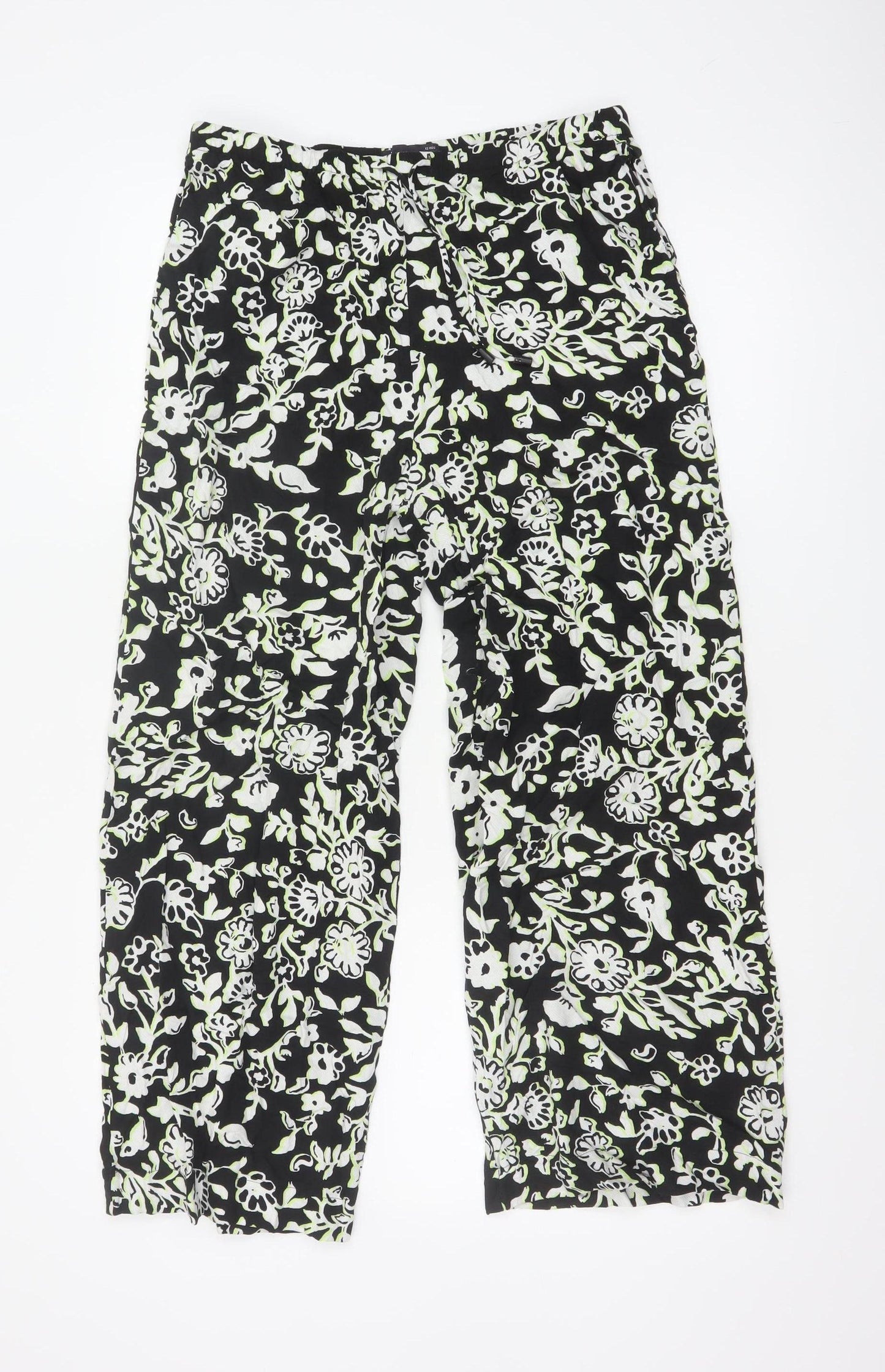 Marks and Spencer Women's Black Floral Cropped Viscose Trousers Size 12