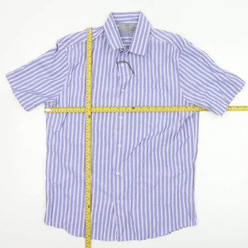 Marks and Spencer Men's Blue Striped Relaxed Fit Short Sleeve Button-Up Shirt Size M