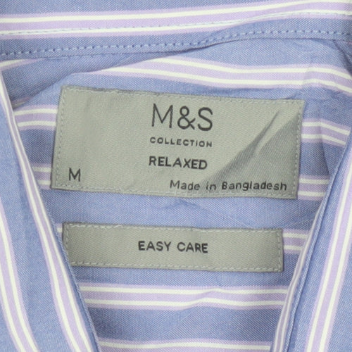 Marks and Spencer Men's Blue Striped Relaxed Fit Short Sleeve Button-Up Shirt Size M