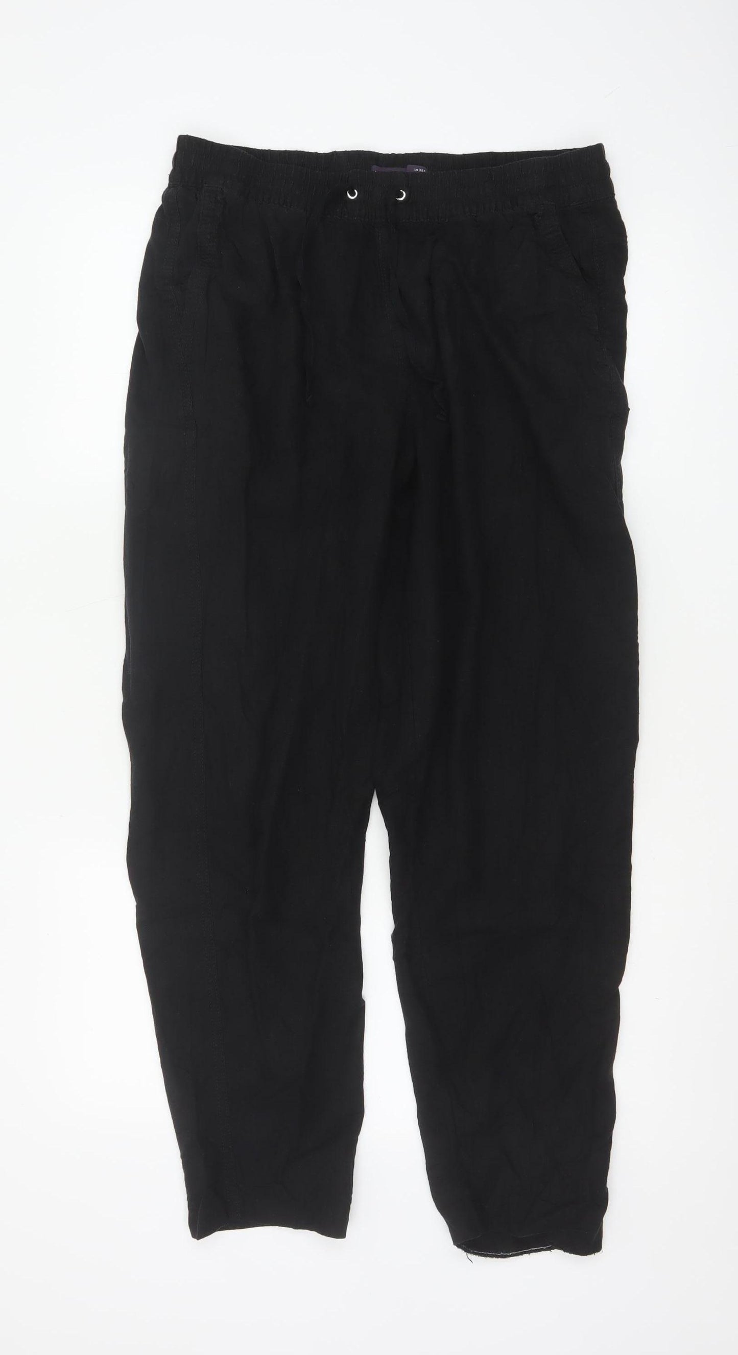 Marks and Spencer Women Black Linen Blend Elastic Waist Trousers Size 14 Regular