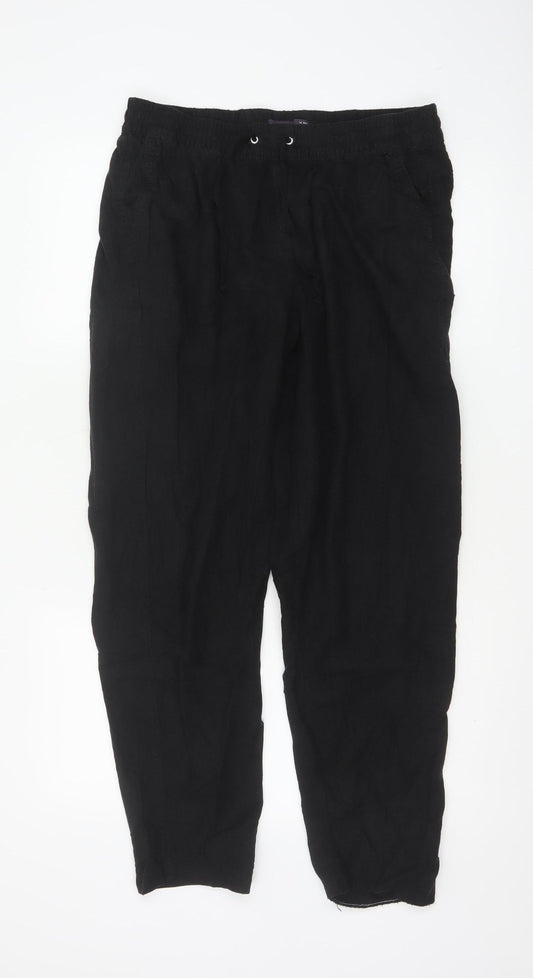 Marks and Spencer Women Black Linen Blend Elastic Waist Trousers Size 14 Regular