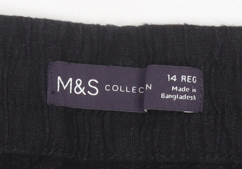 Marks and Spencer Women Black Linen Blend Elastic Waist Trousers Size 14 Regular