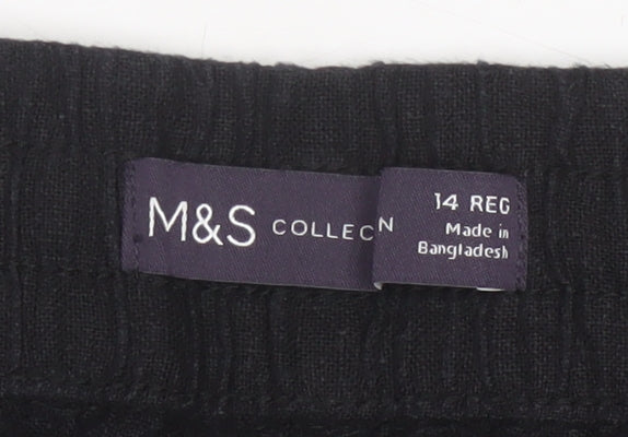 Marks and Spencer Women Black Linen Blend Elastic Waist Trousers Size 14 Regular