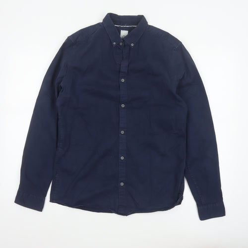 River Island Men's Blue Slim Fit Button-Down Cotton Shirt M