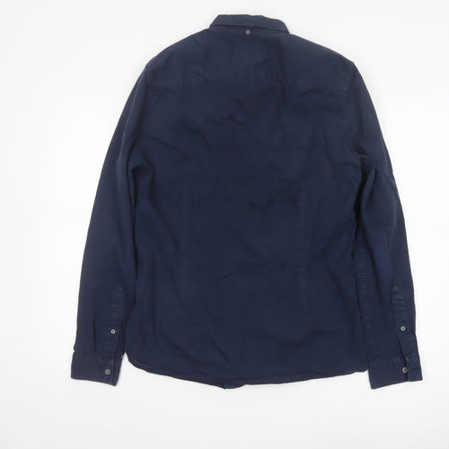 River Island Men's Blue Slim Fit Button-Down Cotton Shirt M