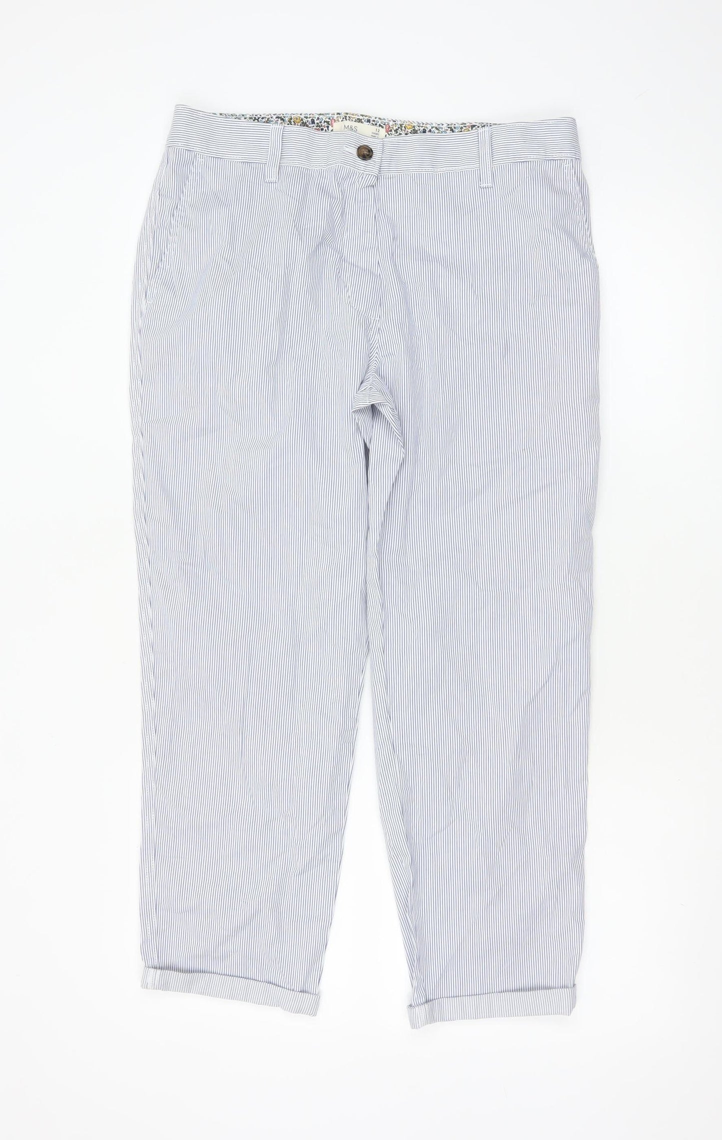 Marks and Spencer Women's Blue Striped Chino Trousers Size 12 Short