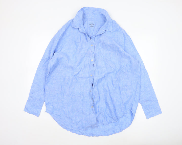 Marks and Spencer Women’s Blue Pure Linen Long Sleeve Button-Up Shirt Size 14
