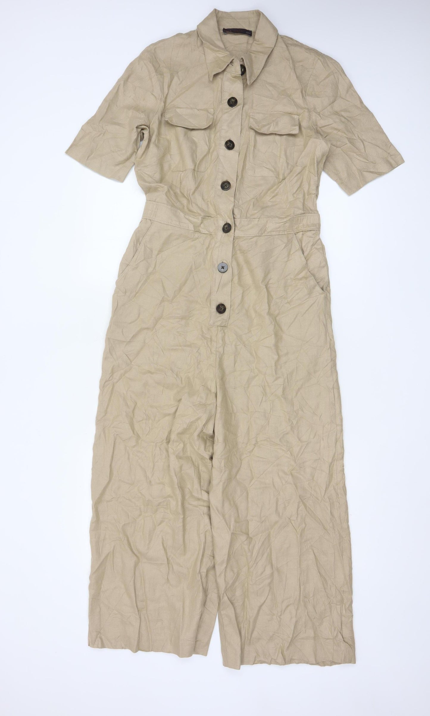 Marks and Spencer Women Beige Linen Blend Short Sleeve Jumpsuit Size 8