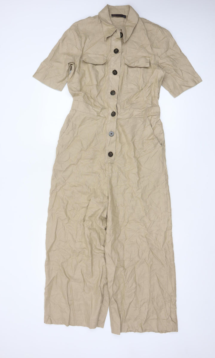 Marks and Spencer Women Beige Linen Blend Short Sleeve Jumpsuit Size 8