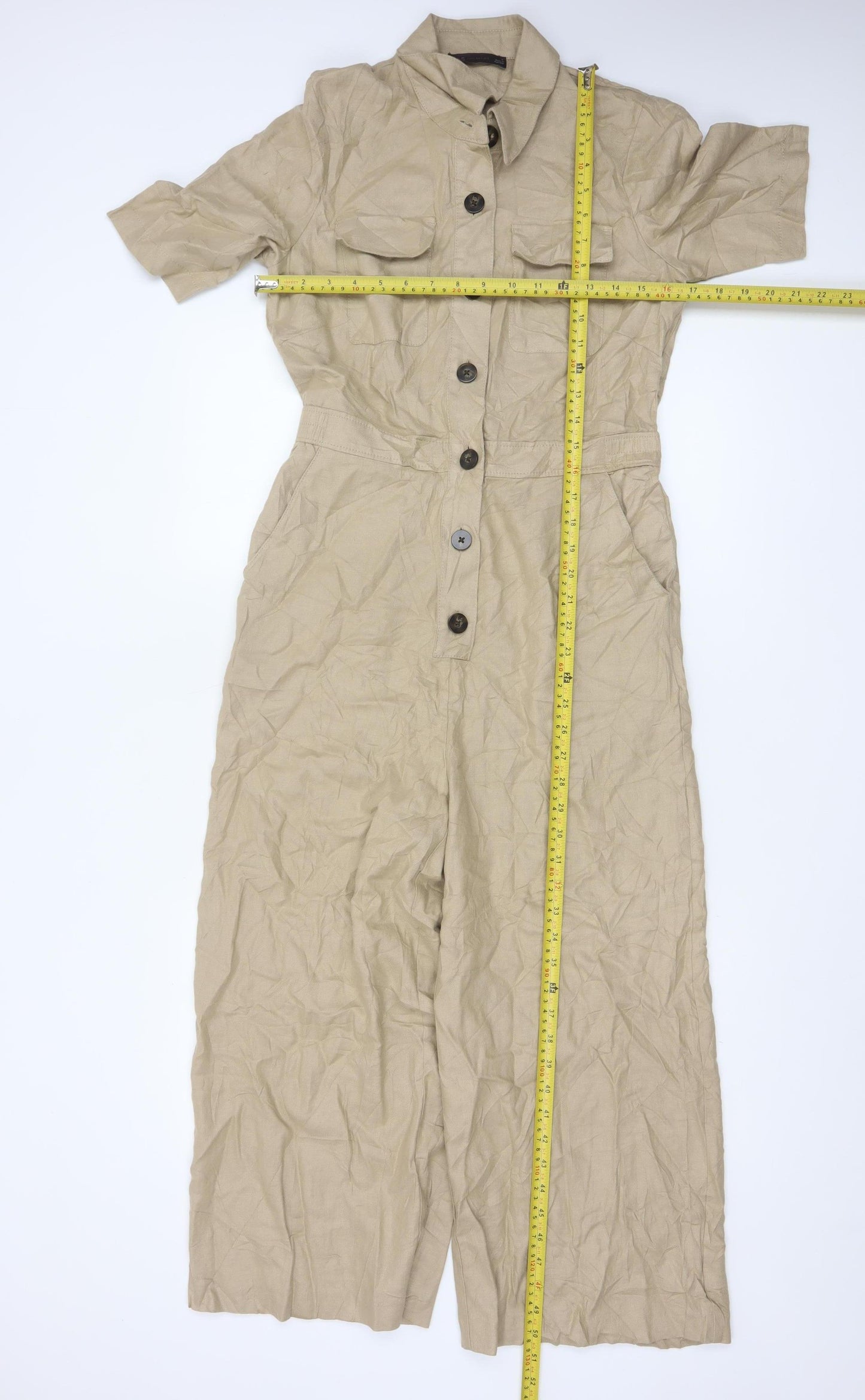 Marks and Spencer Women Beige Linen Blend Short Sleeve Jumpsuit Size 8
