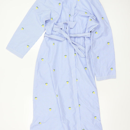 Hobbs Women Blue Striped Lemon Embroidered Cotton Belted Midi Shirt Dress Size 12