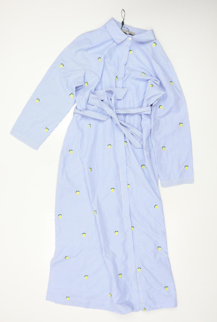 Hobbs Women Blue Striped Lemon Embroidered Cotton Belted Midi Shirt Dress Size 12
