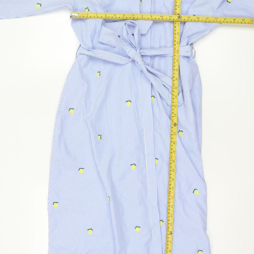 Hobbs Women Blue Striped Lemon Embroidered Cotton Belted Midi Shirt Dress Size 12