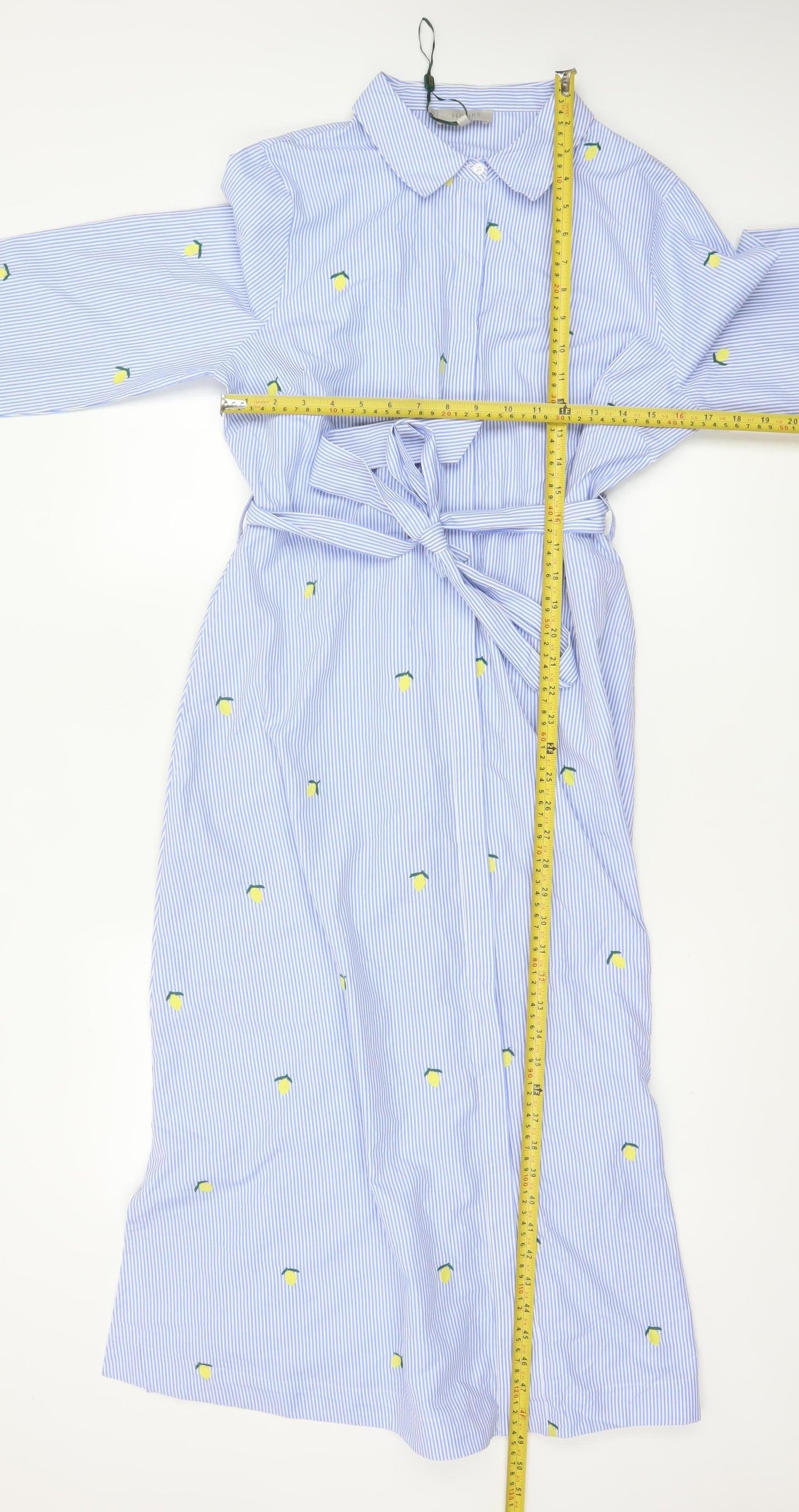 Hobbs Women Blue Striped Lemon Embroidered Cotton Belted Midi Shirt Dress Size 12