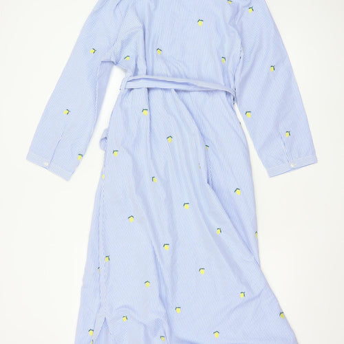 Hobbs Women Blue Striped Lemon Embroidered Cotton Belted Midi Shirt Dress Size 12