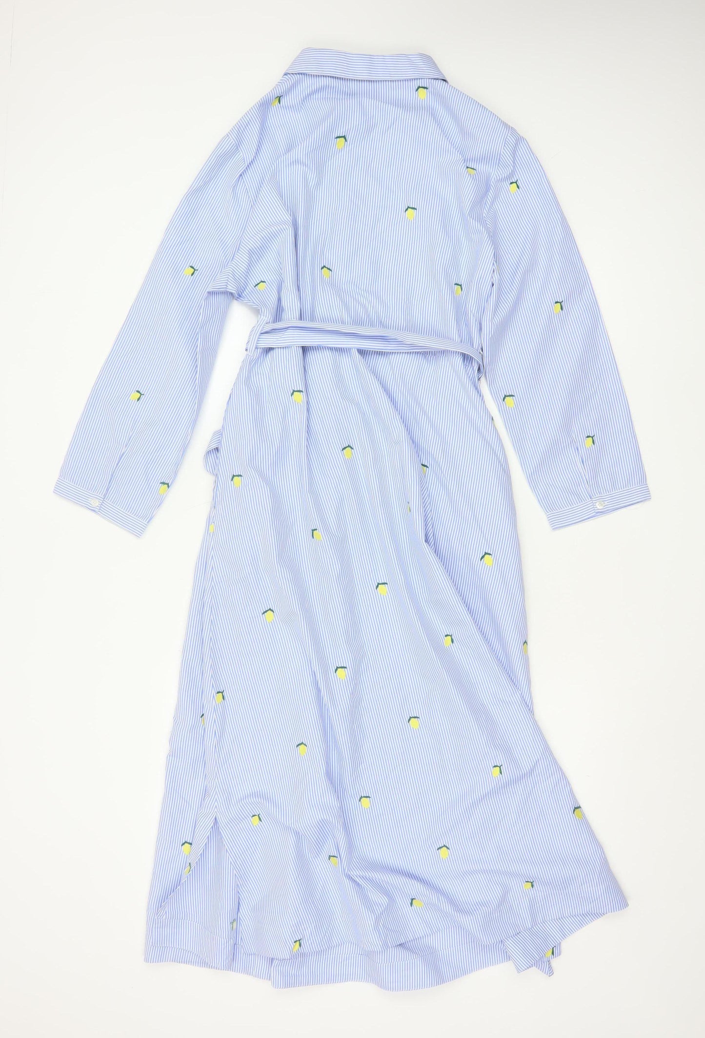 Hobbs Women Blue Striped Lemon Embroidered Cotton Belted Midi Shirt Dress Size 12