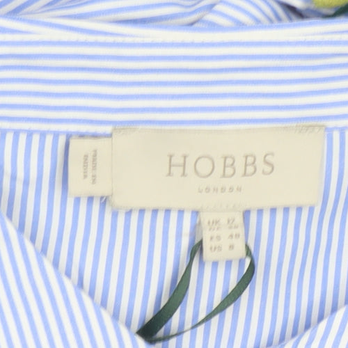 Hobbs Women Blue Striped Lemon Embroidered Cotton Belted Midi Shirt Dress Size 12