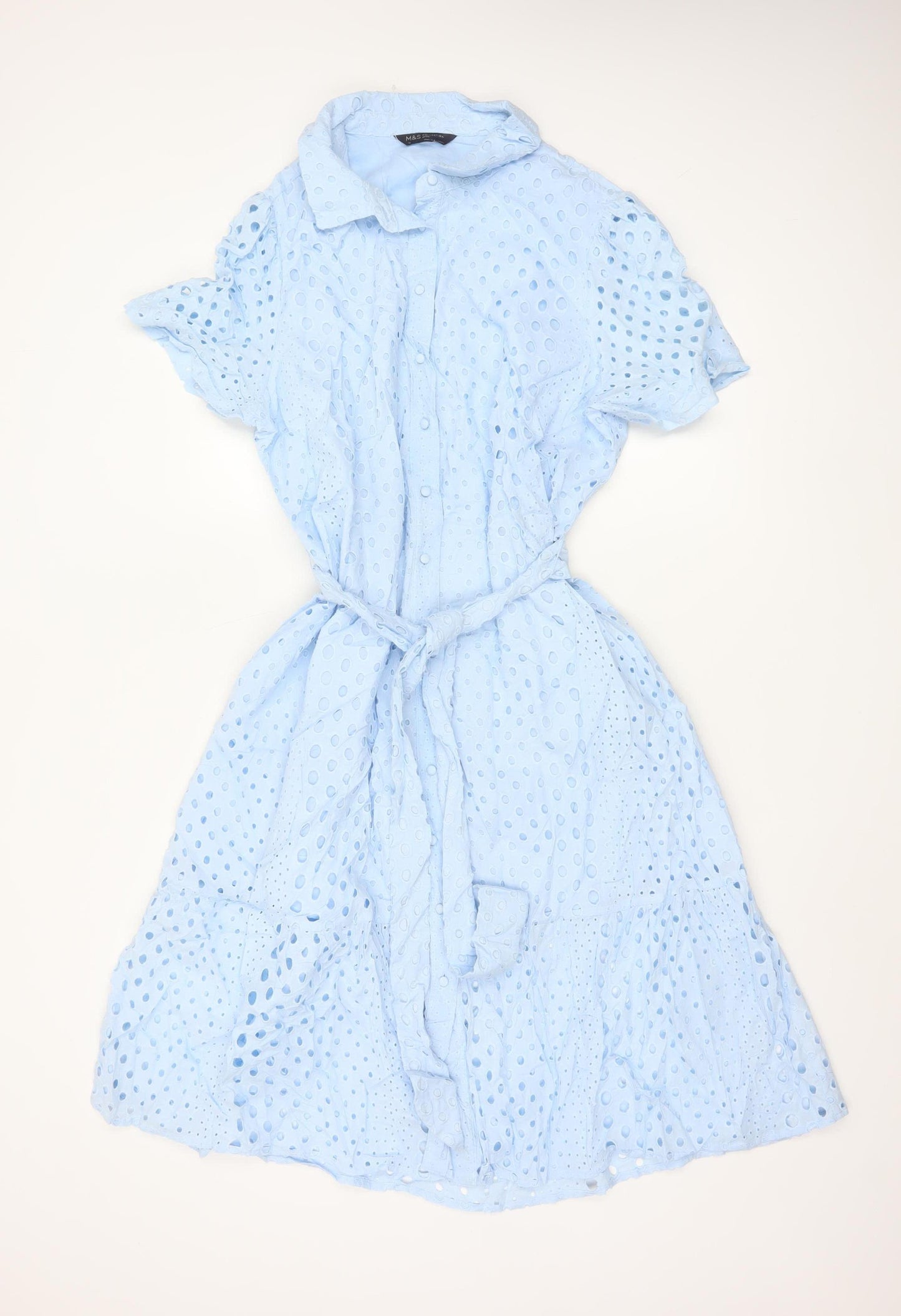 Marks and Spencer Petite Blue Cotton Broderie Shirt Dress Women’s Size 18