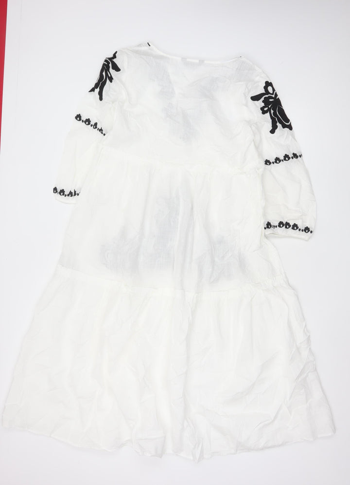 Marks and Spencer Women’s White Embroidered Bohemian Cotton Knee Length Dress M