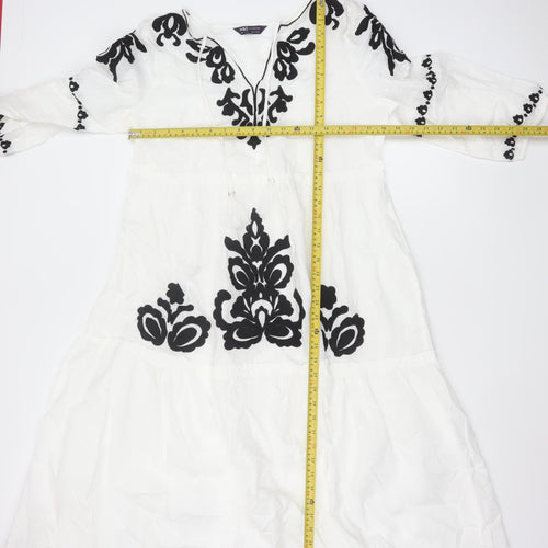 Marks and Spencer Women’s White Embroidered Bohemian Cotton Knee Length Dress M