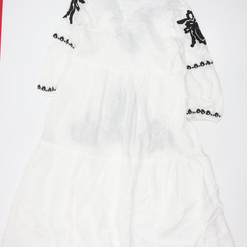 Marks and Spencer Women’s White Embroidered Bohemian Cotton Knee Length Dress M