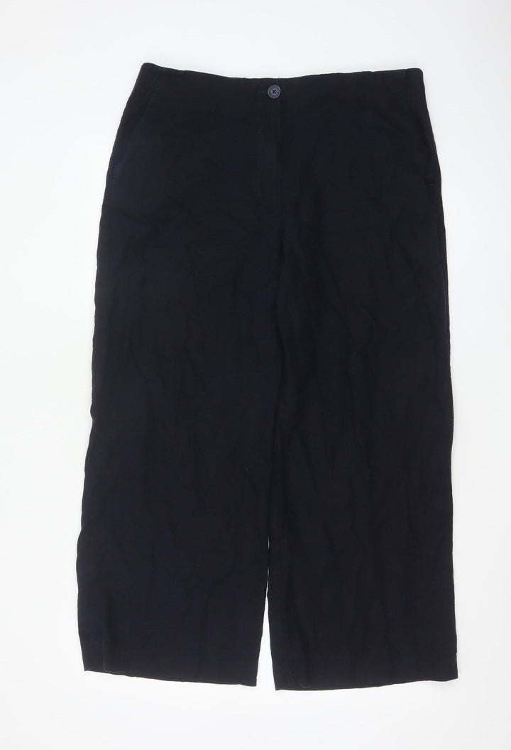 Marks and Spencer Women Black Linen Wide-Leg Trousers Size 16 Short