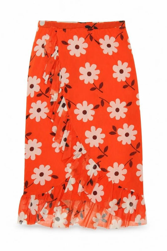 Front view of Urban Outfitters Women’s Orange Floral Wrap Midi Skirt M