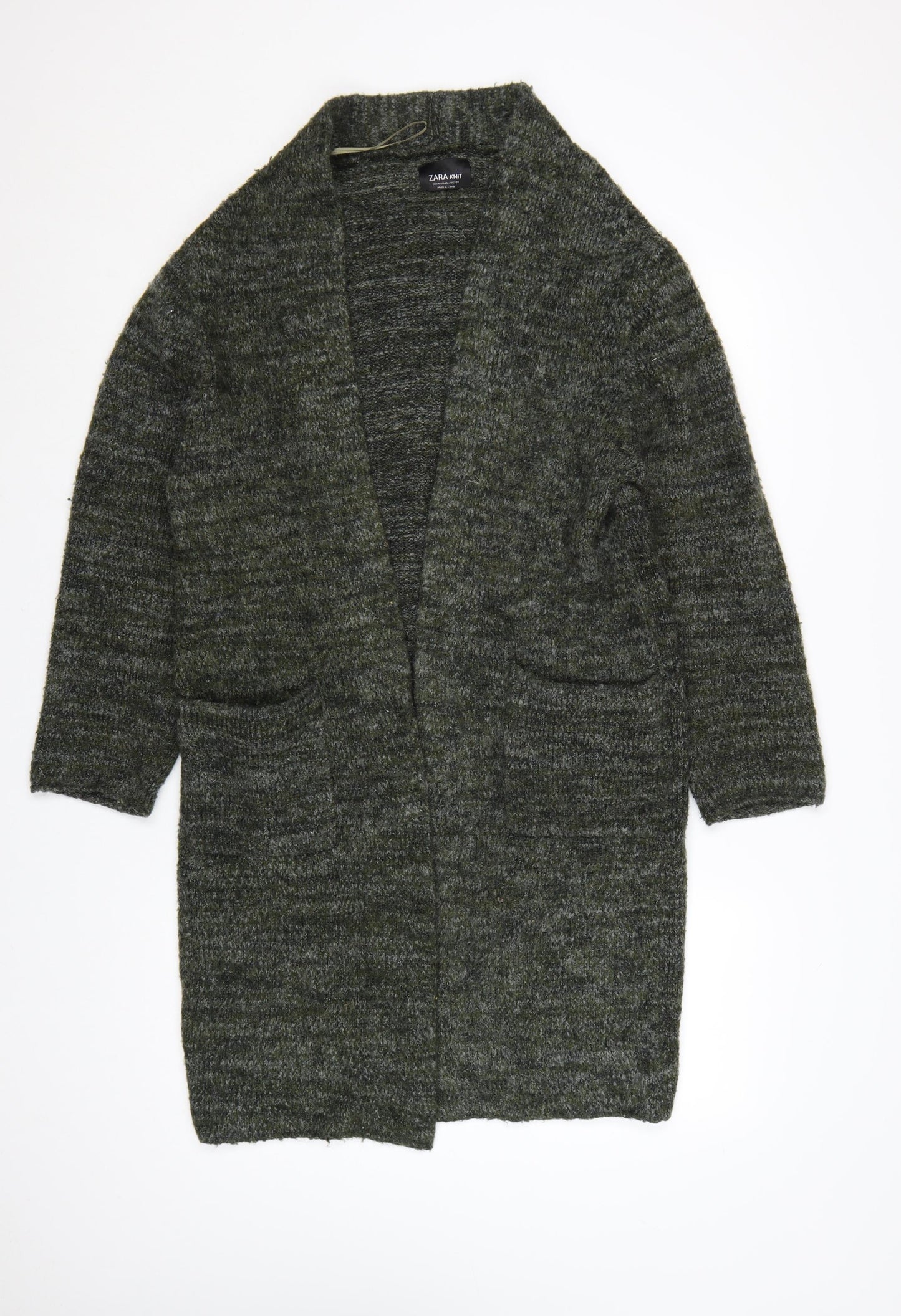 Zara Women Green Knit Open Long Sleeve Cardigan M