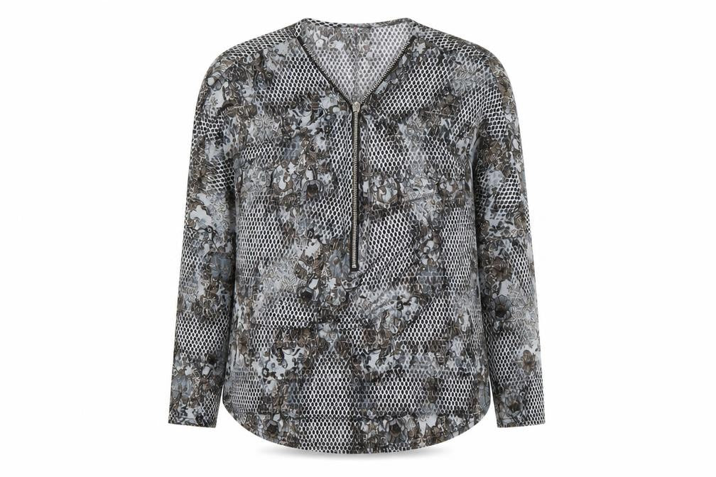 Front view of Simon Jeffrey Women's Grey Zip Front Long Sleeve Blouse, size 10