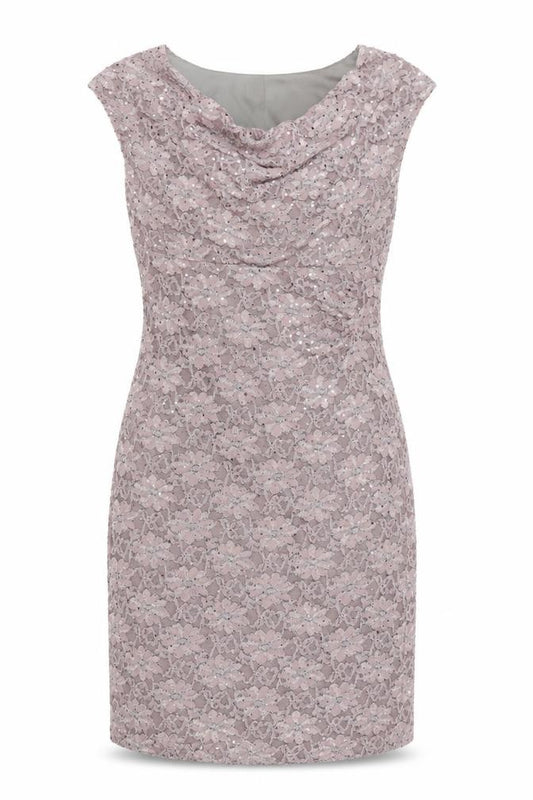 Front view of Connected Apparel Women's Pink Sequin Lace Sheath Dress, size 12