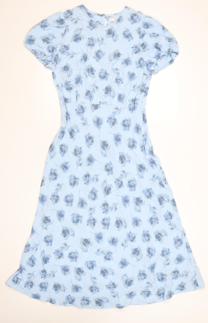 Marks and Spencer Women's Blue Floral A-Line Midi Dress Size 14 Short Sleeve