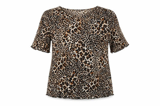 Front view of Classics Women's Leopard Print Short Sleeve Blouse, size 12, Polyester