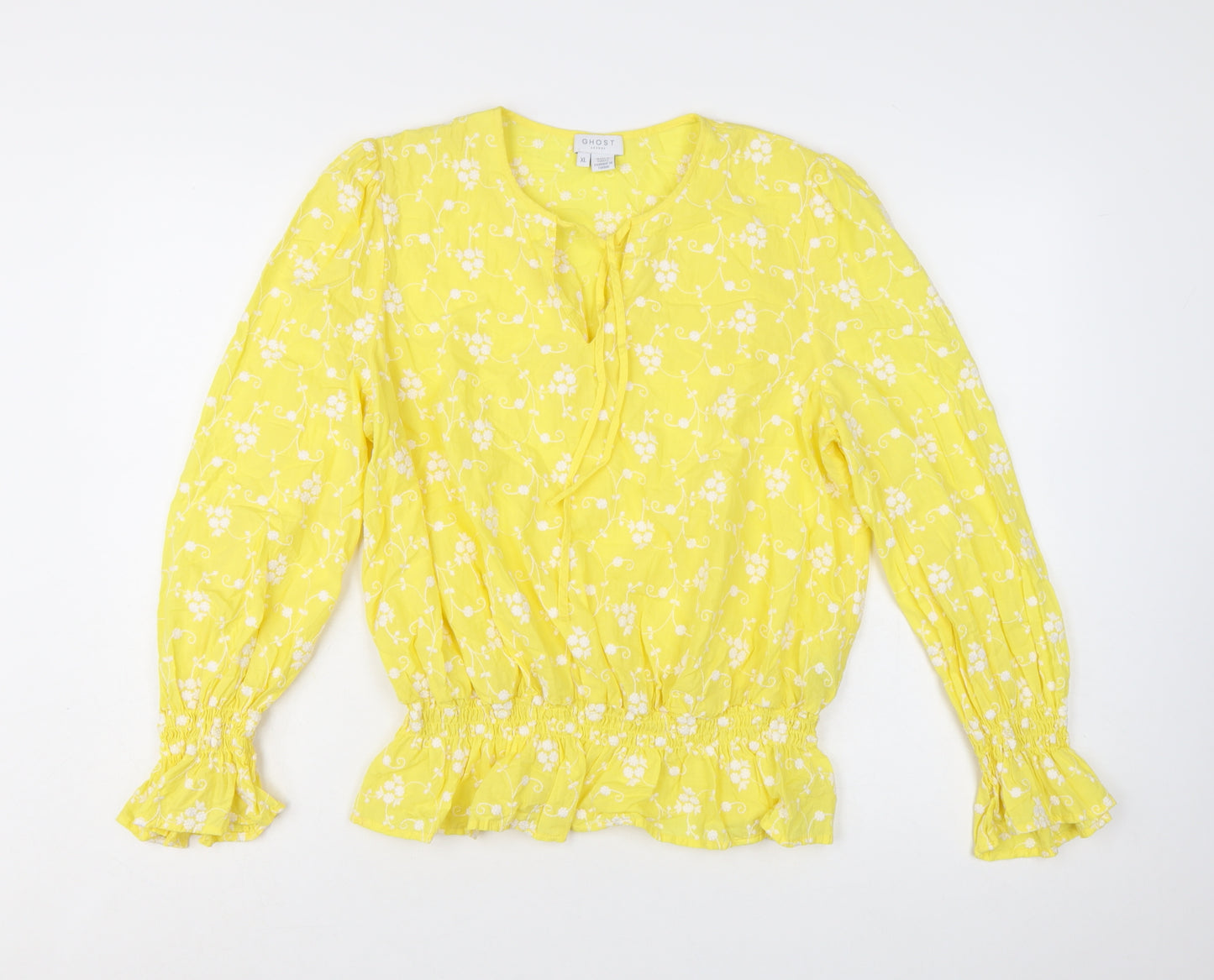 Ghost Women’s Yellow Floral Embroidered Cotton Tunic Blouse XL