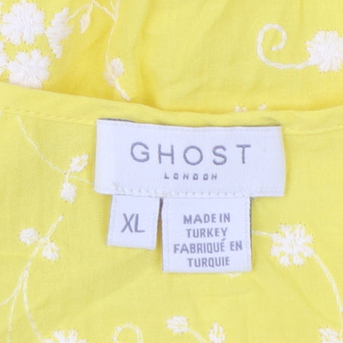 Ghost Women’s Yellow Floral Embroidered Cotton Tunic Blouse XL