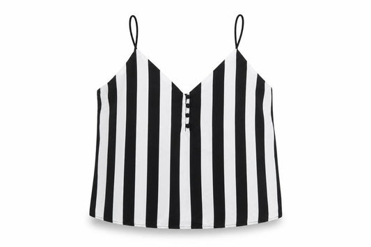 Front view of Bershka Women's Black Striped V-Neck Camisole Top, size L