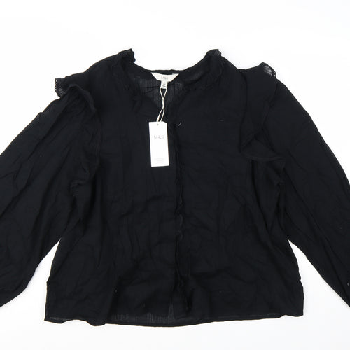Marks and Spencer Women Black Long Sleeve Ruffle Cotton Blouse Size 16