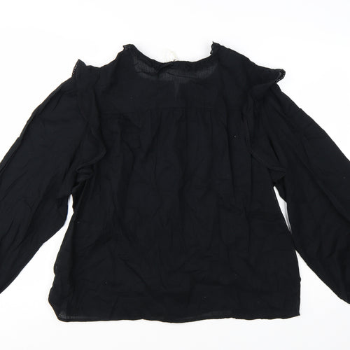Marks and Spencer Women Black Long Sleeve Ruffle Cotton Blouse Size 16