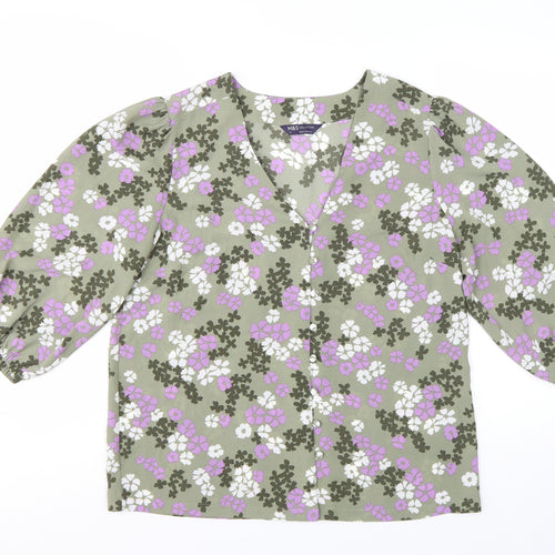 Marks and Spencer Women's Green Floral V-Neck 3/4 Sleeve Tunic Blouse Size 12